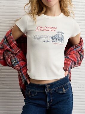 American Eagle Outfitters White Tee with Navy Lifeguard Tower & Red Script